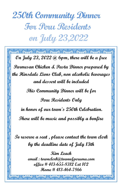 Last call for reservations for the Community dinner and celebration on July 23rd.. 