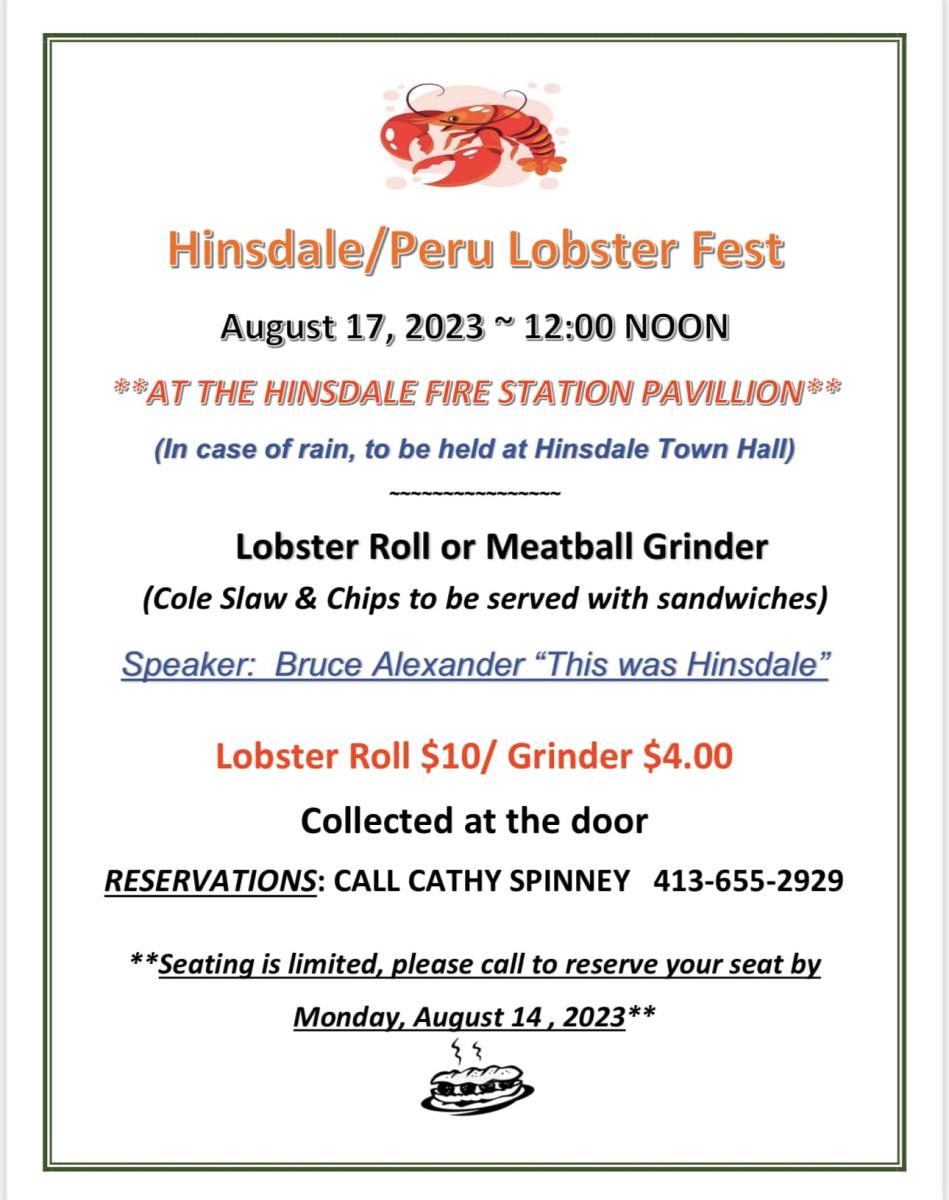 Hinsdale/Peru Lobster Fest August 17, 2023 ~ 12:00 NOON 