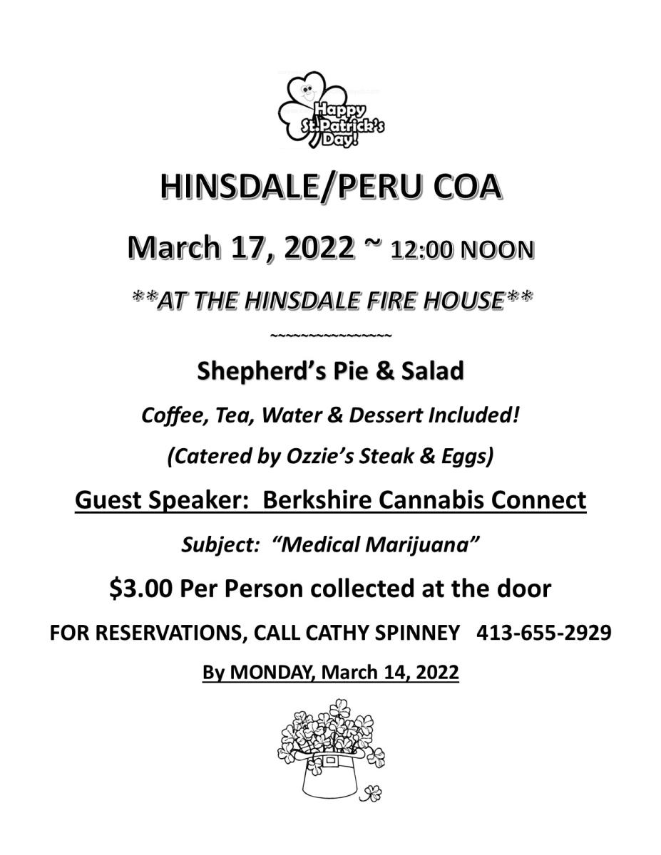 HINSDALE/PERU COA March 17, 2022 ~ 12:00 NOON  **AT THE HINSDALE FIRE HOUSE** 