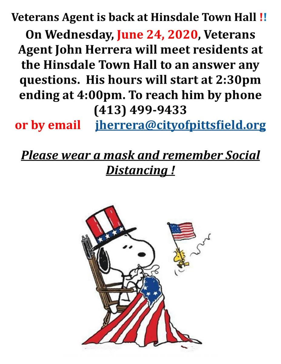 Veterans Agent is back at Hinsdale Town Hall !! On Wednesday, June 24, 2020, 