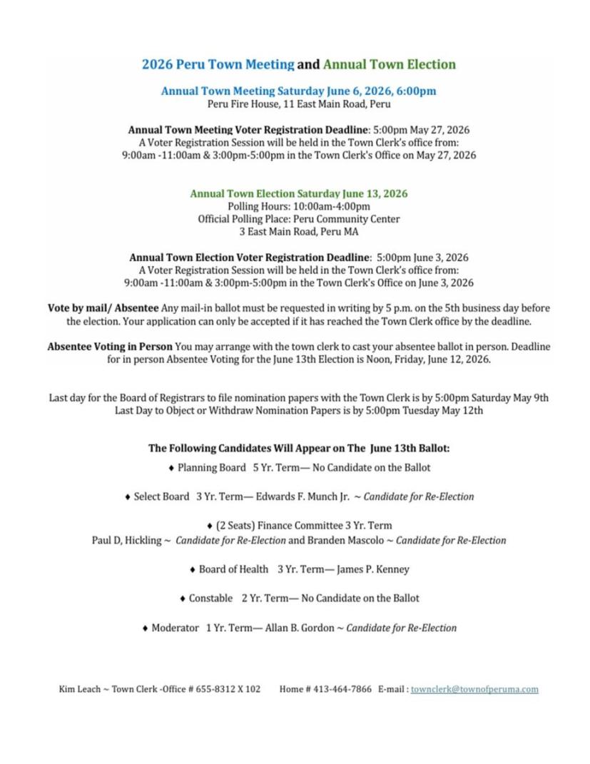 2026 Peru Town Meeting and Annual Town Election Information
