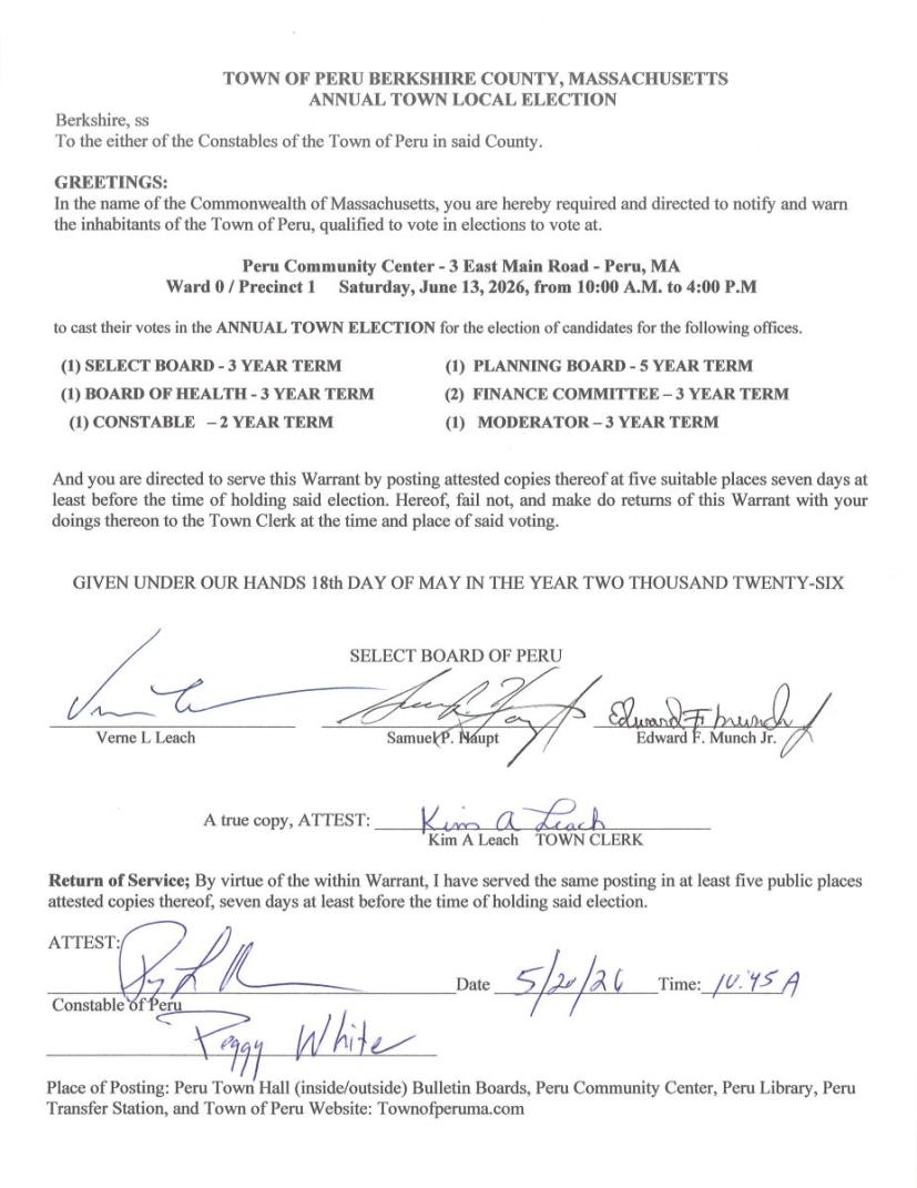 June 13, 2026 Annual Town election Warrant