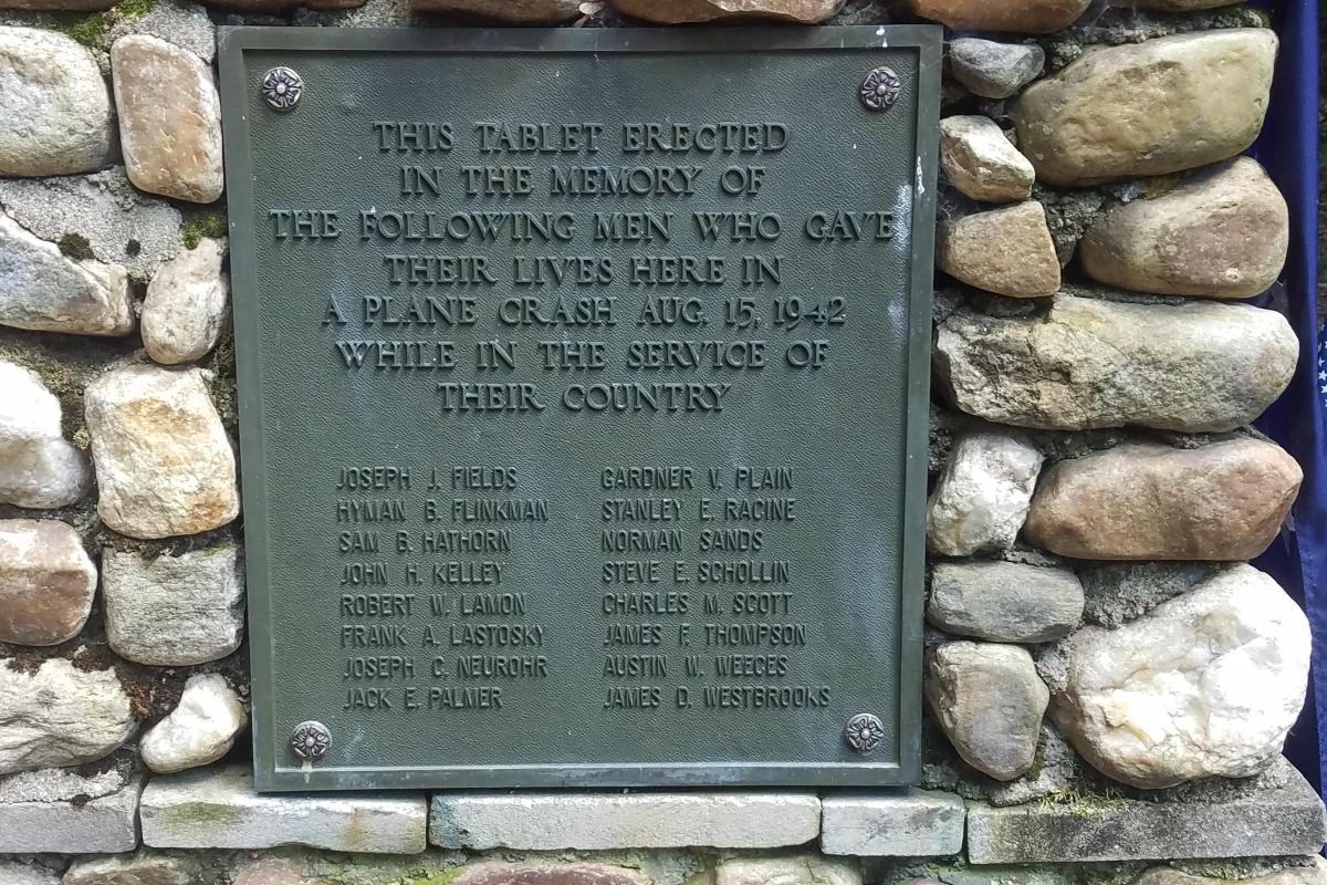 The names of the 16 men killed during a military plane crash in Peru, Massachusetts, on August 15, 1942.