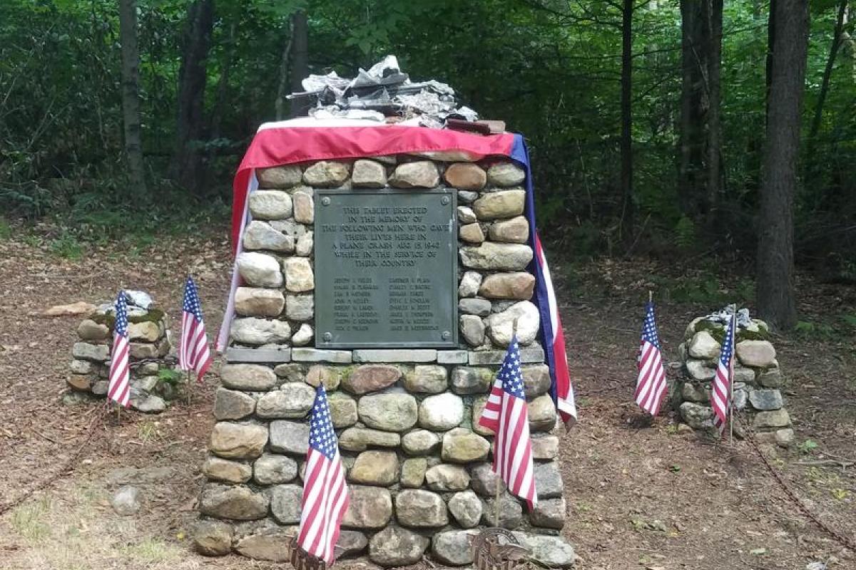 The monument to 16 soliders who died in a military plane crash in Peru, Massachusetts, on August 15, 1942.