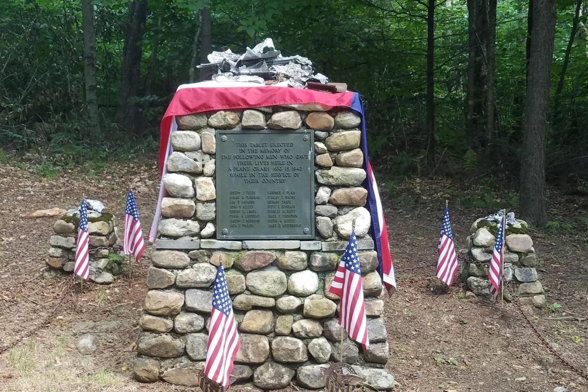 The monument to 16 soliders who died in a military plane crash in Peru, Massachusetts, on August 15, 1942