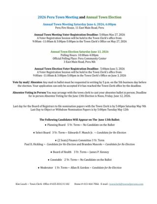 2026 Peru Town Meeting and Annual Town Election Information