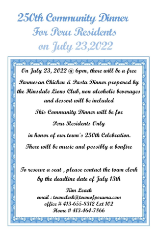 Last call for reservations for the Community dinner and celebration on July 23rd.. 