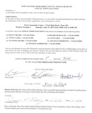 Annual Town Election Warrant June 12, 2021
