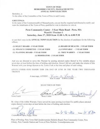 Annual Town Election Warrant - June 27, 2020 