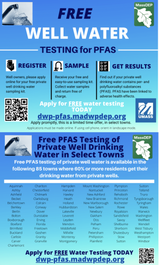 MassDEP’s free testing for PFAS in private well drinking water is drawing to a close.  The last day we will be accepting applica