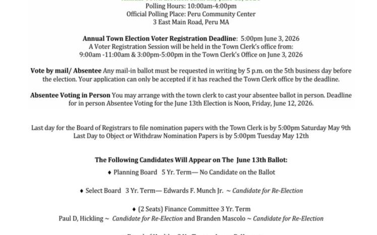 2026 Peru Town Meeting and Annual Town Election Information