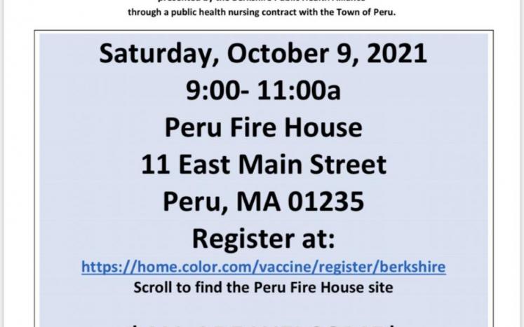 Peru Flu clinic sponsored by the Berkshire Public Health Alliance to be held  Saturday 10/9 9-11:00