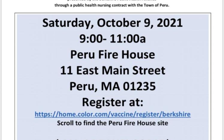 Peru Flu clinic sponsored by the Berkshire Public Health Alliance to be held  Saturday 10/9 , 9-11:00am